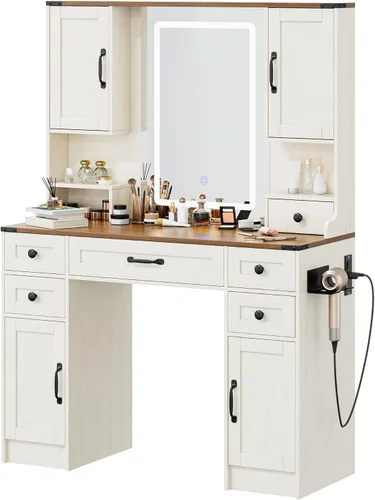 Miniatura 15 de KAMABOKO Escritorio de tocador con luz y espejo, mesa de maquillaje blanca con cajones y estación de carga, 3 modos ajustables para dormitorio y 042