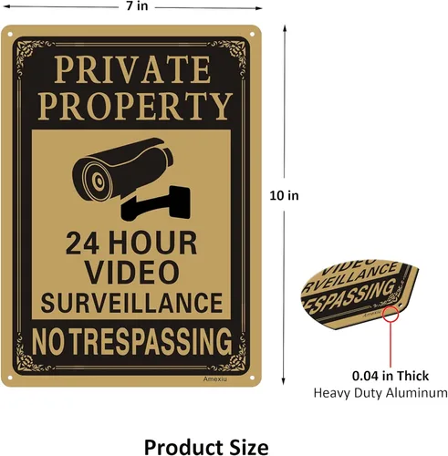 Miniatura 2 de Amexiu Señal de advertencia de videovigilancia de cámara CCTV de 24 horas de propiedad privada 10 x 7 pulgadas aluminio libre de óxido de fácil