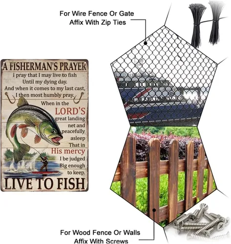 Miniatura 4 de SUPERDANT Letreros de lata de pesca vintage con texto en inglés «Live to Fish» de metal «A Fisherman's Signs», cartel divertido para pared, arte