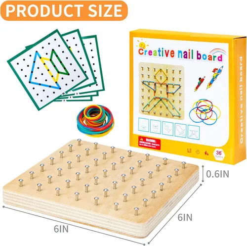 Miniatura 3 de HEELWIRE Geoboard de madera, juguete Montessori, juguete gráfico de educación matemática para niños con tarjetas de patrón y bandas de goma