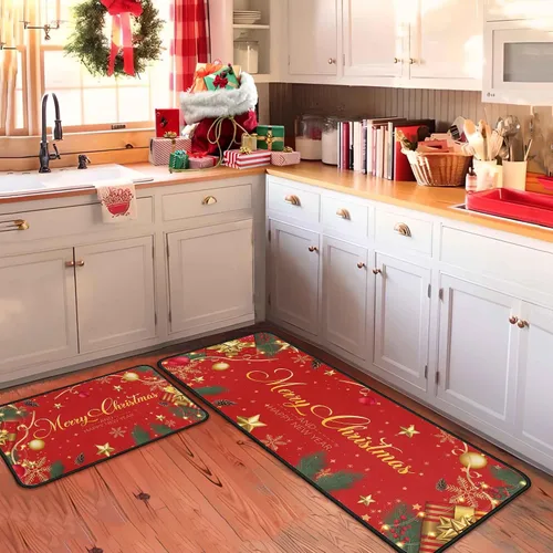 Miniatura 3 de Juego de 2 alfombras y tapetes de cocina navideños, decoraciones navideñas para el hogar con respaldo antideslizante, alfombra de cocina
