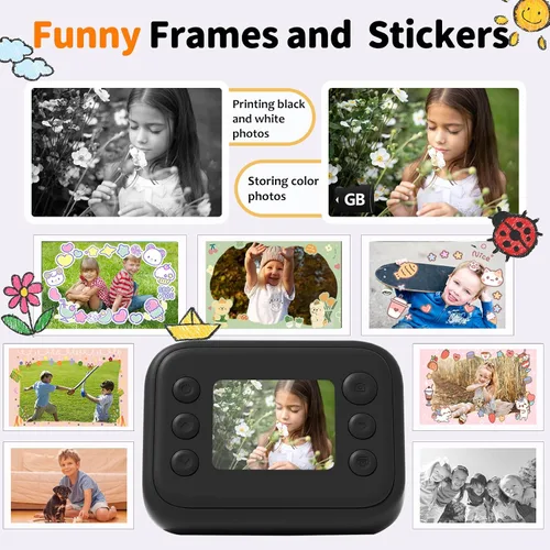 Miniatura 4 de Cámara de impresión instantánea para niños con papel de impresión de 5 colores, foto de 48MP, video 1080P, 21 marcos divertidos, tarjeta de 32GB