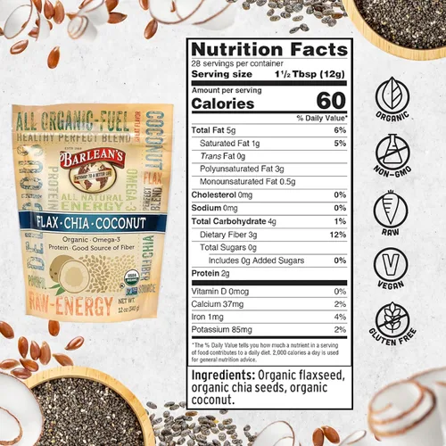 Miniatura 6 de Barlean's Mezcla Orgánica de Semillas de Lino, Chía y Coco con 2,330 mg de Ácidos Grasos Omega 3, Suplemento de Fibra con Semillas de Chía Enteras