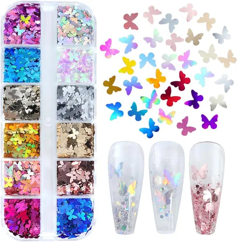 Miniatura 2 de 12 rejillas holográficas de mariposa para arte de uñas, lentejuelas con purpurina láser 3D brillantes para diseño de uñas acrílicas, paillettes