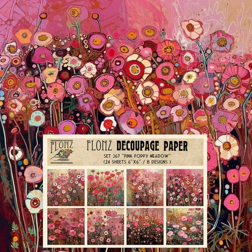 Paquete de papel para decoupage (24 hojas 15x15 cm) Rosa Meadow de Amapolas # Papel vintage con patrón estilizado para decoupage, manualidades y