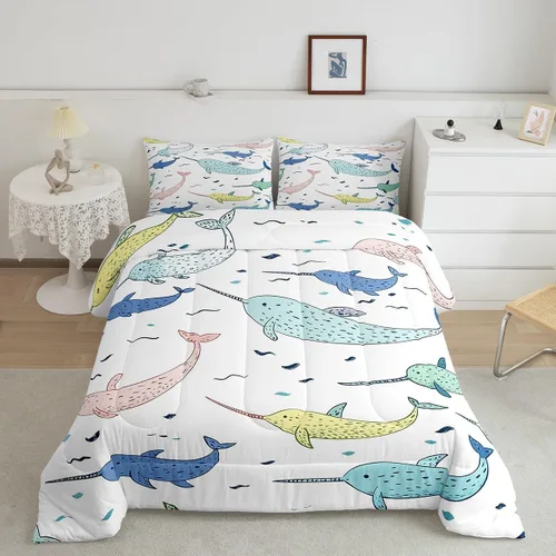 Miniatura 2 de Erosebridal Narwhal - Juego de edredón de ballena oceánica, edredón de plumón náutico costero para niños y niñas, vida marina, animales de dibujos