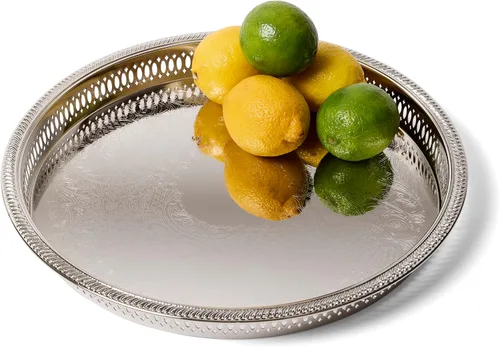 Miniatura 2 de Elegance Bandeja redonda de metal para servir/bar, 12.75 pulgadas, niquelado con relieve decorativo, sirve champán, whisky y bebidas, bebida en tono