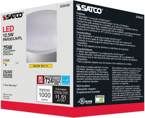 Miniatura 3 de Satco S29430-Bombilla LED PAR30LN de 12,5 vatios; 2700 K; 20 voltios