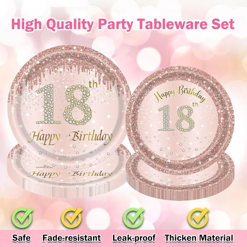 Miniatura 3 de Decoraciones de cumpleaños número 18 para niñas, platos y servilletas de oro rosa, suministros de fiesta de papel rosa para mujeres, juego de 96