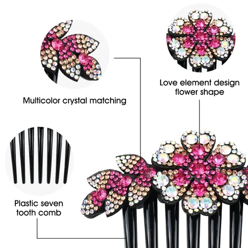 Miniatura 4 de Lawie Paquete de 6 peines de pelo de lujo con purpurina brillante y diseño de hojas de flores y diamantes de imitación negros laterales franceses
