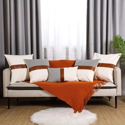 Miniatura 5 de Tradder Juego de 5 fundas de almohada decorativas de 20 x 20 pulgadas, 18 x 18 pulgadas, 12 x 20 pulgadas, modernas, de piel sintética y lino a