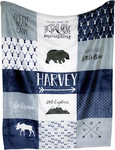 Envío al día siguiente - Manta de bebé personalizada de Woodland azul para niños - Impresa en Estados Unidos - Mantas personalizadas para bebés para