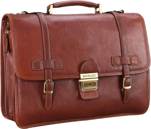 Banuce Maletín de cuero curtido vegetal italiano vintage de grano completo para hombres, maletín con candado profesional de 14 pulgadas para laptop