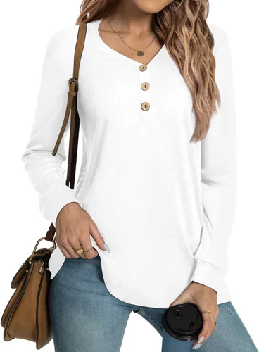 HOTGIFT 2024 Women's Tunic Tops Long Sleeve Casual Shirts V Neck Button T-Shirts Loose Comfy Warm Blouse