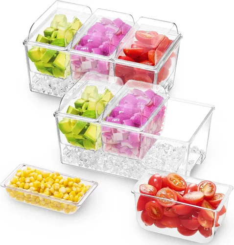 Miniatura 10 de Lifewit Set para servir barra de tacos para fiesta con 5 contenedores (2.5 tazas) y componentes, organizador grande refrigerado con hielo