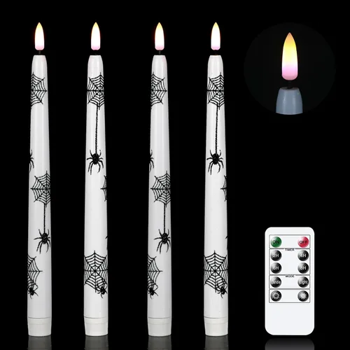 Wondise Velas cónicas sin llama de Halloween con control remoto y temporizador, paquete de 4 velas LED parpadeantes de cera real con pilas de araña