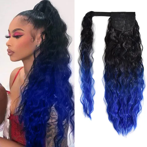 Miniatura 10 de Extensión de cola de caballo con clip de onda de maíz, 22 pulgadas de largo, ondulado, rizado, envolvente, resistente al calor, sintético, postizo