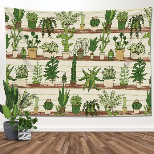 Miniatura 18 de HVEST Tapiz de cactus con diseño de plantas suculentas del desierto tropical en estante de madera, tapiz para colgar en la pared, acuarela botánica