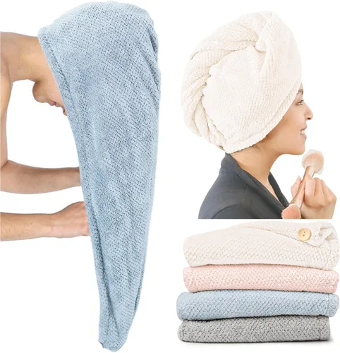 Miniatura 10 de ROLSHOL Paquete de 4 Toallas Envolventes de Microfibra Extra Grandes para Cabello para Mujeres Súper Absorbentes y de Secado Rápido con Botón