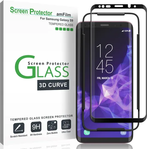 amFilm Protector de pantalla de vidrio para Samsung Galaxy S9, vidrio templado curvado 3D, matriz de puntos con bandeja de fácil instalación,