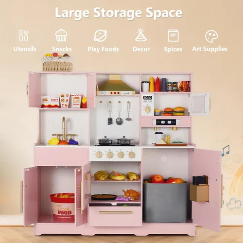 Miniatura 8 de Kinder King Cocina de madera para niños, juego de cocina de juguete para niños pequeños, juego de cocina con sonidos reales, máquina de café de Rosa