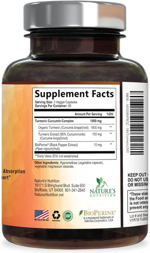 Miniatura 9 de Nature's Nutrition Cúrcuma, Curcumina máxima potencia, 95% curcuminoides, 0.064 onzas con extracto de pimienta negra para una mejor absorción