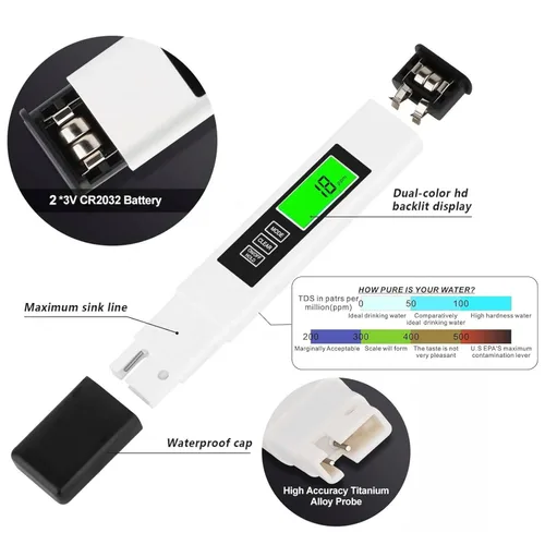 Miniatura 3 de 4 en 1 medidor Tds Medidor digital de agua, medidor preciso y confiable TDS EC y temperatura (°C, °F), probador de calidad de agua 0-9990ppm
