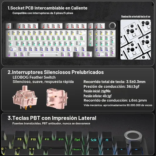 Miniatura 5 de AULA F99 Pro Teclado mecánico inalámbrico - Versión silenciosa, BT5.0/2.4GHz/USB-C Personalizable intercambiable en caliente, Estructura con junta