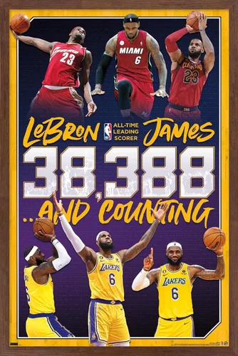 Miniatura 10 de NBA League - Póster de pared de LeBron James All-Time Scoring Leader, 22.4 pulgadas de largo x 14.7 pulgadas de ancho, versión enmarcada plateada