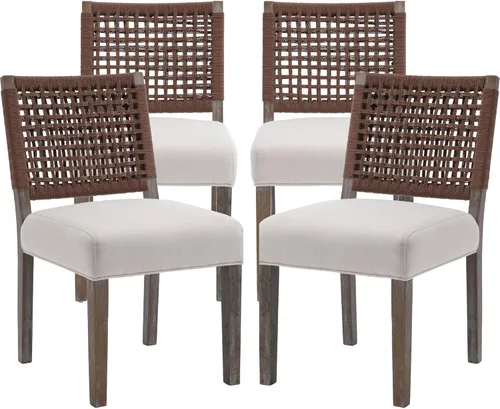 Miniatura 15 de chairus Juego de 2 sillas de comedor tapizadas, sillas de comedor costeras bohemias con respaldo de cuerda tejida de nogal marrón, patas de madera