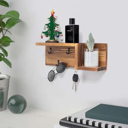 Miniatura 2 de AKKO Soporte de madera para llaves decorativo de pared, organizador de correo y llaves con 4 ganchos para llaves y estante flotante en forma de "Z