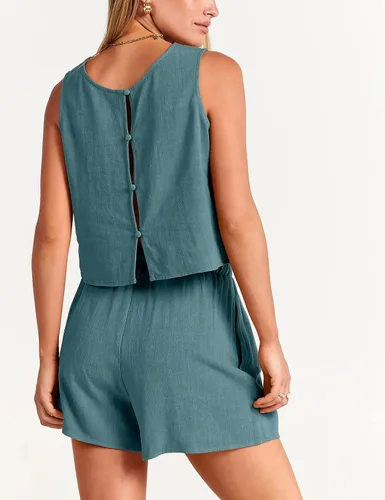 Miniatura 5 de GIVENUAN - Conjunto de 2 piezas de verano para mujer, conjunto de pantalones cortos de lino con cuello redondo, camiseta corta sin mangas