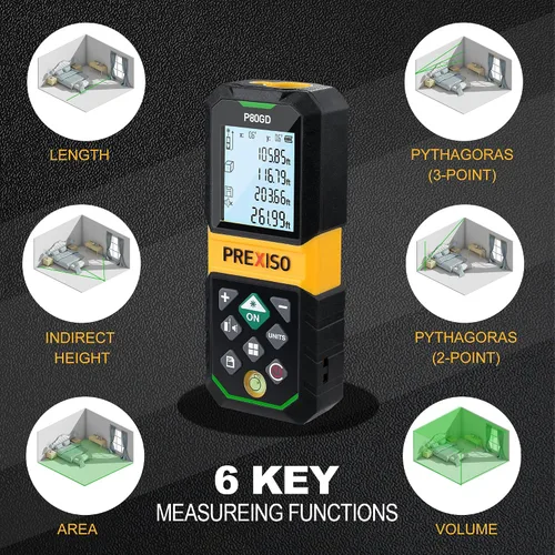 Miniatura 5 de PREXISO Medidor Láser Recargable, Herramienta de Medición Láser de Haz Verde de 265 Pies con Sensor de Ángulo y Almacenamiento de 30 Conjuntos