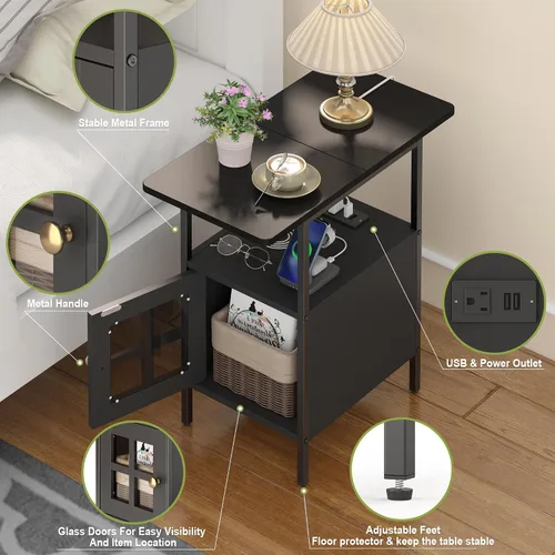 Miniatura 4 de Mesa Auxiliar Estrecha Estilo Granja con Estación de Carga - Mesa Lateral de 3 Niveles con USB y Enchufes, Mesa de Noche Compacta de Almacenamiento