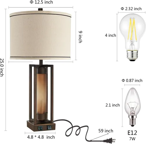 Miniatura 7 de Lámparas de mesa rústicas para sala de estar con puertos USB C+A, lámpara de mesita de noche vintage de granja con luz nocturna de acrílico ámbar