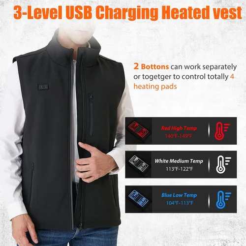 Miniatura 2 de Chaleco calefactor, chaleco calefactor, recargable, chaqueta calefactora con 3 niveles de calefacción, unisex, batería de ropa no incluida, Negro