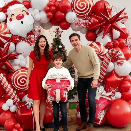 Miniatura 7 de Kit de guirnalda de globos de Navidad en forma de arco con globos rojos y blancos, caramelo, bastón, estrella, estrella de explosión, caja