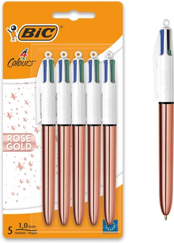 BIC 4 colores oro rosa, bolígrafos multicolor todo en uno, bolígrafo retráctil, mediano 0.039 in, verde, azul, rojo, negro, 5 bolígrafos por