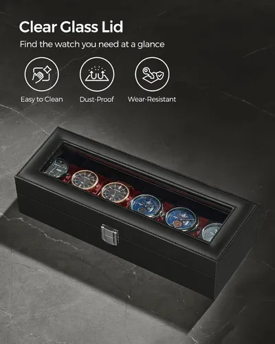 Miniatura 4 de SONGMICS Caja de reloj, caja de reloj de 6 ranuras con tapa de vidrio grande, almohadas extraíbles para reloj, organizador de caja de reloj, regalo