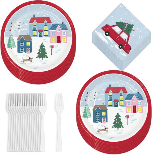 Suministros para fiestas navideñas - Platos de postre de papel, servilletas para bebidas y tenedores de aldea navideña de invierno (para 16 personas)