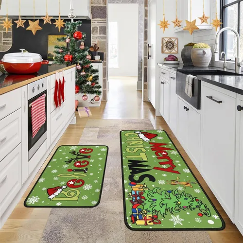 Miniatura 4 de Juego de 2 alfombras de cocina de Feliz Navidad, tapetes de cocina del Grinch para el suelo, decoración de cocina de Navidad, decoraciones festivas
