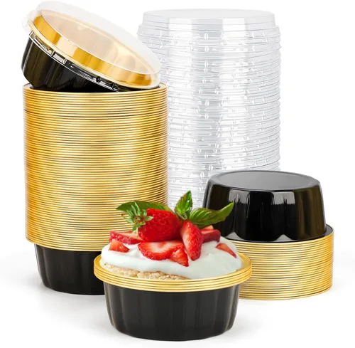 Miniatura 43 de Beasea Ramequines con tapas, 8oz 50 unidades de tazas de aluminio desechables para hornear, tazas de papel de aluminio plateado para creme brulee