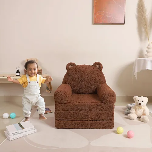 Miniatura 4 de MOMCAYWEX Sofá para niños, sofá Sherpa con cojines de espuma de tres capas, asiento cómodo para niños de 18 meses en adelante, marrón