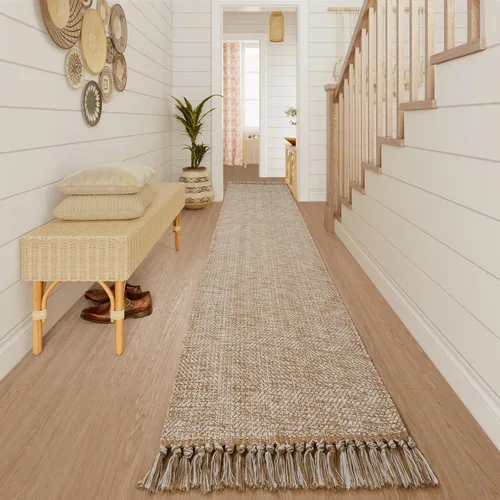 Miniatura 9 de Collive - Tapete de pasillo de cocina, 2 x 4.3 pies, tejido a mano, reversible, lavable, de algodón, color blanco/beige, para baño, pasillo