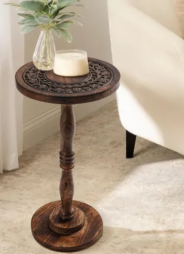 Miniatura 5 de Mesa auxiliar de madera rústica de 12 x 22 pulgadas, mesa auxiliar tallada a mano, mesa de noche con acabado quemado para dormitorio, mesa