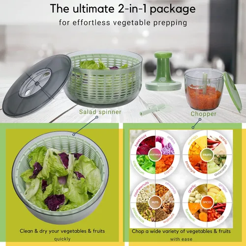 Miniatura 5 de Brieftons Ensalada Spinner y Chopper: Grande 6.3-Qt lechuga Verduras Lavadora Secadora, 0.95-Qt Chopper Mezclador, Almacenamiento compacto, Fácil