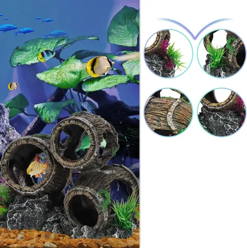 Miniatura 6 de UNEAK - Decoraciones de acuario Tres barriles rotos apilados Decoración de pecera Ornamento Paisajismo Sobre Rocas Cueva Agua Salada Agua Dulce