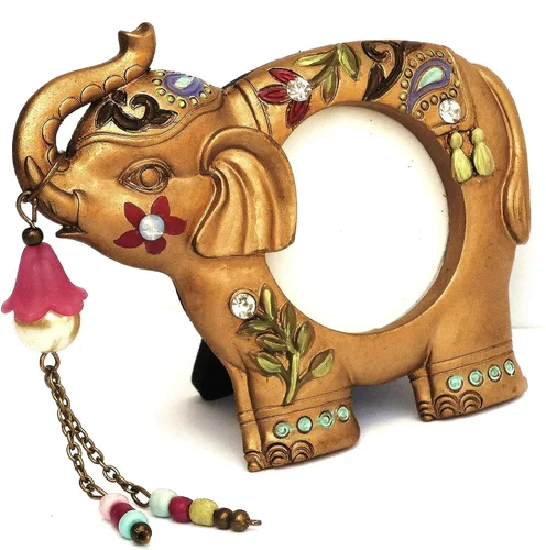 Marco de fotos de elefante indio dorado pequeño con flores pintadas, decoración bohemia bohemia acentos decoraciones