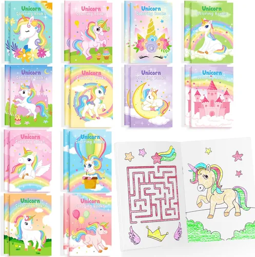 BenLouis 24 piezas de mini libros para colorear de unicornio, libros de actividades pequeños arcoíris para niños, recuerdos de fiesta de unicornio,