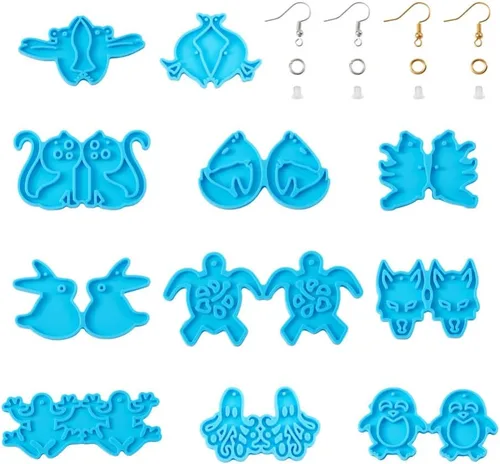 Cheriswelry Kit de moldes de silicona para aretes, 11 moldes de fundición de resina de animales lindos con 50 ganchos de latón para aretes, 50